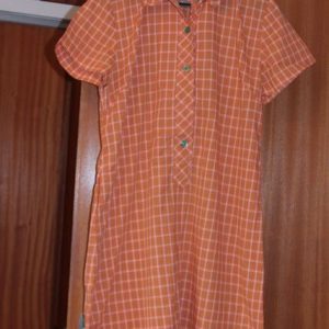 Orange check shift dress, short sleeves, collar