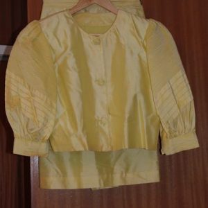 Vintage lemon suit, satin.  Short skirt