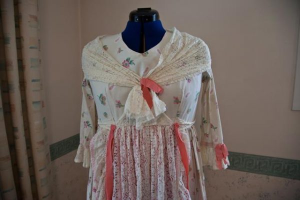 Cream pink Regency dress, shawl collar