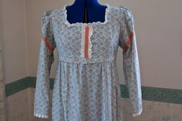 Blue floral peach edging Regency dress