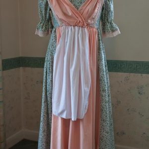 Green floral shawl collar Regency dress (peach trimmings)
