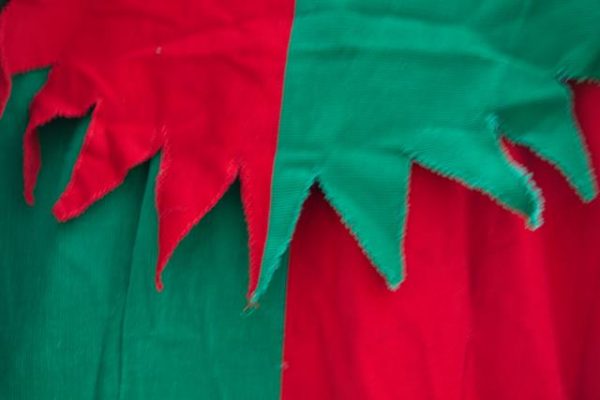 Jester costume including hat, red/green/yellow
