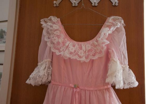 Peach ball  gown with white lace