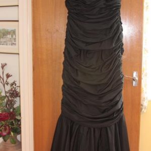 Long black ruched dress (shaped at front), thin straps