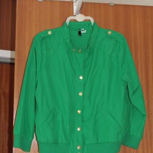 Green ladies bomber jacket gold button detail