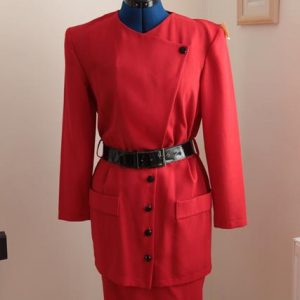 Red 80's style coat dress, long sleeves, black belt