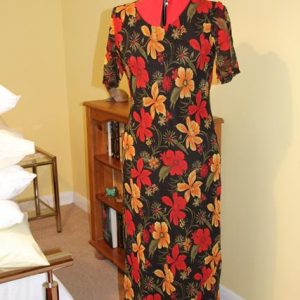 Black, red and orange floral dress, short sleeves